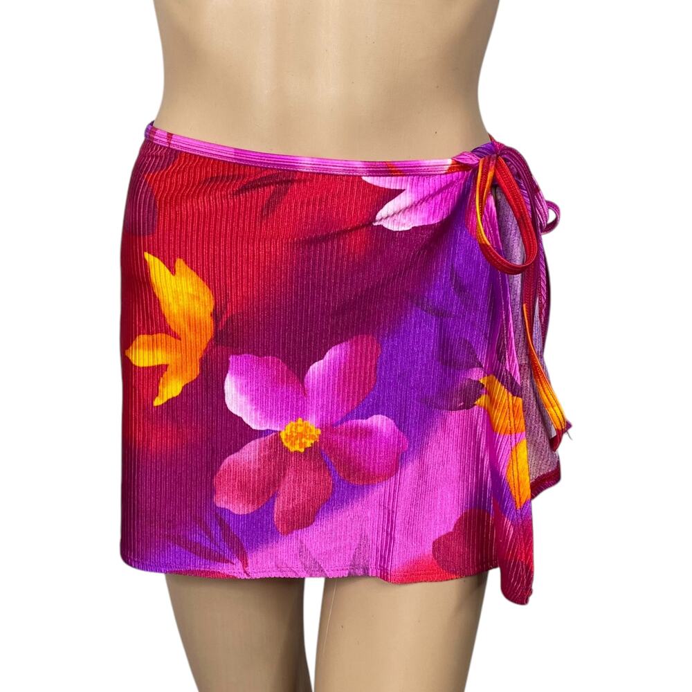 Vintage 80s Tropical Floral Swim Wrap Skirt | Red Pink Ribbed Retro Beach Mini